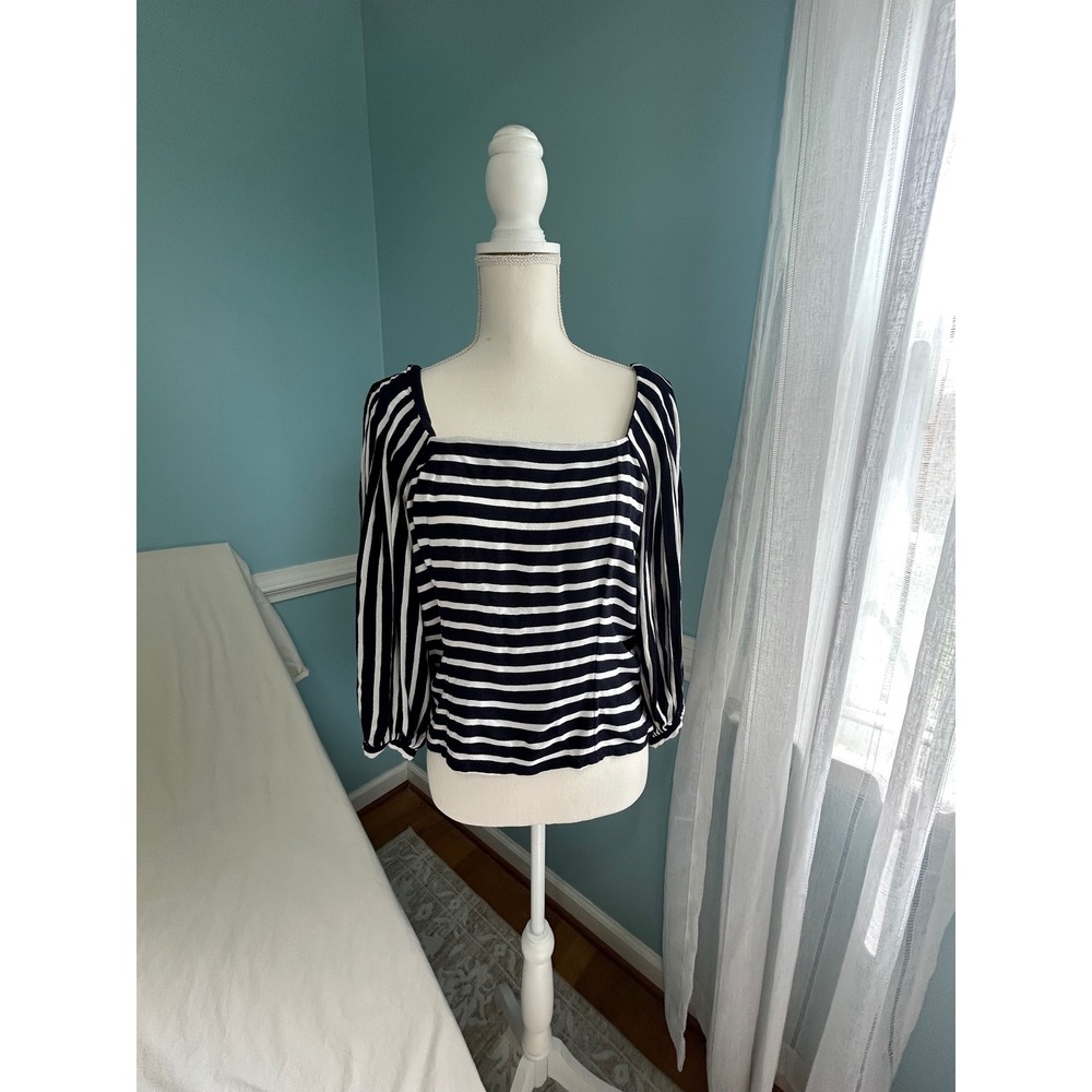 Banana Republic Women Navy White Striped Puff Sleeve Square Neck Button Back Top